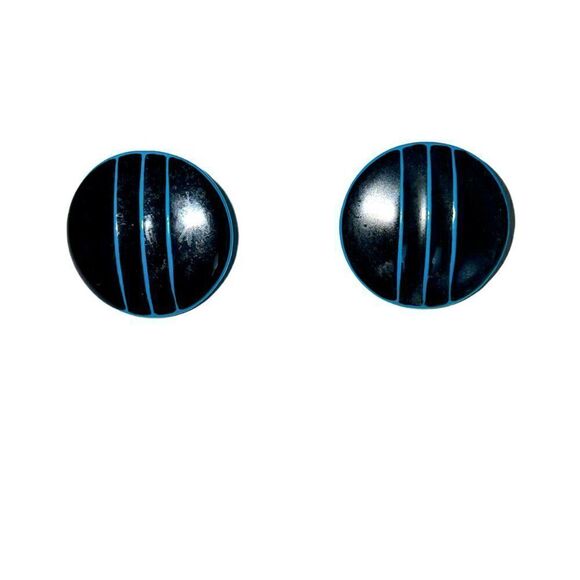 Vintage 80s Striped Blue Black Round Earrings - Picture 1 of 6